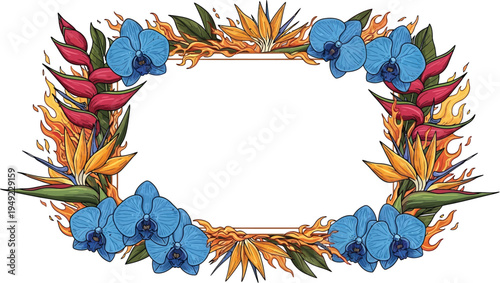 A vibrant floral wreath with blue flowers and flames on a white background