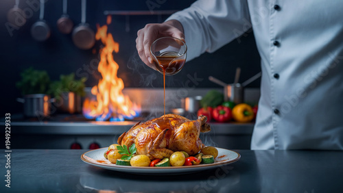Chef pouring sauce over roasted chicken in professional kitchen cooking hot meal close up