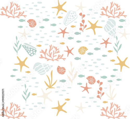 Crabs seamless pattern with seaweed fish and shells. Monochrome pattern