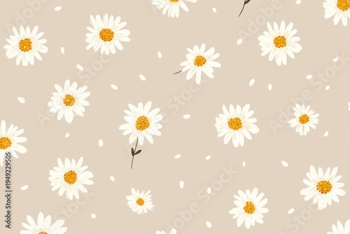 Seamless pattern with white chamomile flowers and yellow centers on beige background, floral design for fabric, wallpaper, wrapping paper, spring and summer decoration.