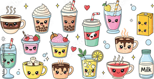 Cute Kawaii Drink Collection with Coffee, Milkshake, Bubble Tea, Lemonade, Juice, Milk and Sweet Beverage Cartoon Vector Illustration Set.
