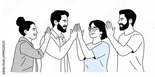 A minimalist vector illustration of four people high-fiving each other in a celebratory gesture