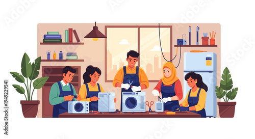 Family Doing Laundry Together at Home.