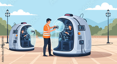 Man Inspecting Futuristic Pods with Person Inside.