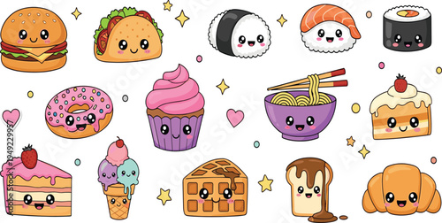 Cute Kawaii Food Collection with Burger, Taco, Sushi, Donut, Cupcake, Ramen, Cake, Ice Cream, Waffle and Croissant Cartoon Vector Set.