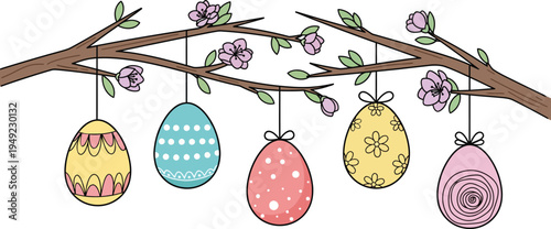 Easter day vector illustration of colorful eggs hanging from a tree branch