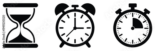 Black Hourglass Alarm Clock and Stopwatch Vector Icon, minimalist time measurement symbol, timer and countdown indicator, classic sandglass and watch sign