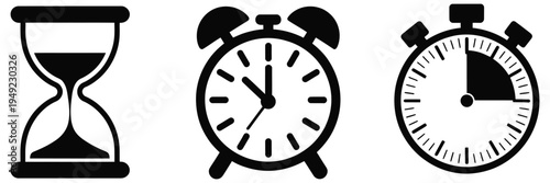 Black Hourglass Alarm Clock and Stopwatch Vector Icon, minimalist time measurement symbol, timer and countdown indicator, classic sandglass and watch sign