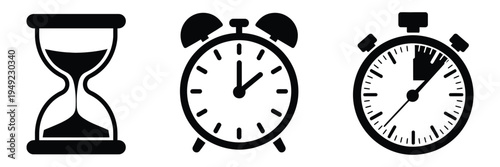 Black Hourglass Alarm Clock and Stopwatch Vector Icon, minimalist time measurement symbol, timer and countdown indicator, classic sandglass and watch sign