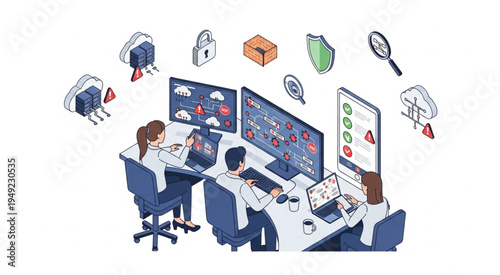 Cybersecurity Team Analyzing Threat Data on Multiple Monitors.