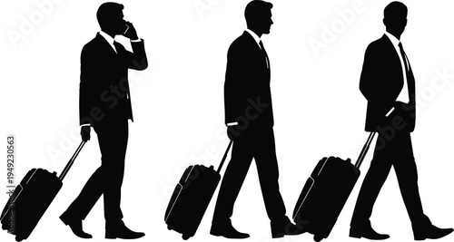 Black silhouette of businessmen in suits walking with rolling luggage suitcases and talking on phone isolated on a white background