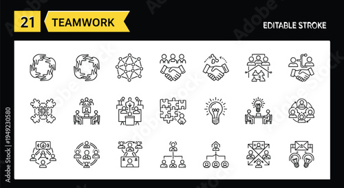 25 teamwork icons in editable stroke style, black and white line set, collaboration symbols, group dynamics, vector illustration, professional concept, UI design