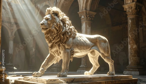 A marble lion statue in a sunlit, ruined chamber with columns and arched passageways
