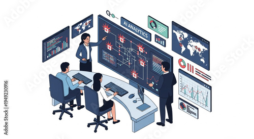 Team Analyzing Data on Large Screen in Control Room.