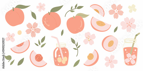 Stylized illustration of peaches blossoms and a refreshing peach drink