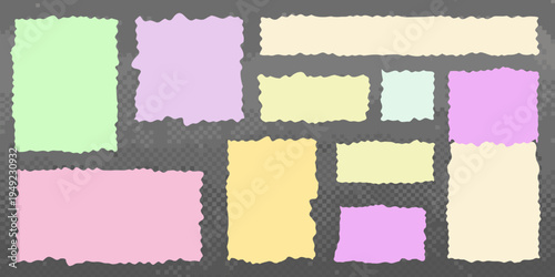 Collection of torn paper scraps in pastel shades against a dark background