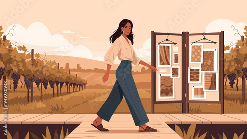 Woman walking confidently on a wooden path.