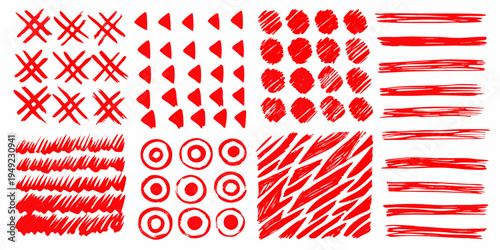 Abstract red patterns and scribbles arranged in a grid formation