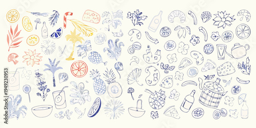 A colorful doodle collection featuring fruit florals pastries and beverages