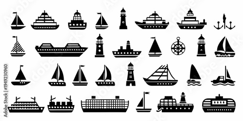 Collection of black and white nautical icons featuring ships and lighthouses