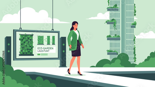 Woman walking confidently towards a sustainable future.