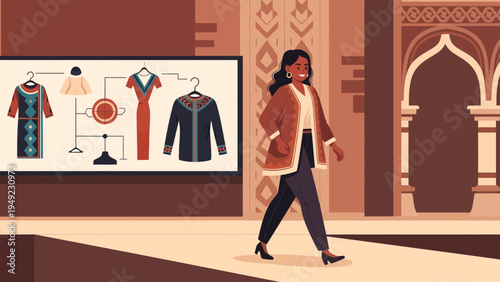 Woman walking on a runway showcasing fashion.