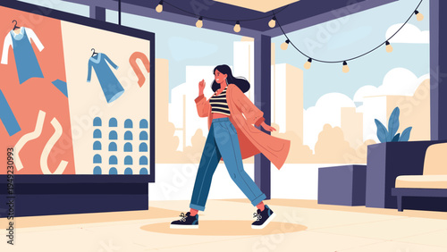 Woman walking past a fashion display window.