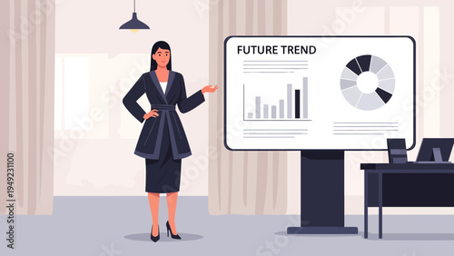 Businesswoman presenting future trends on a large screen.