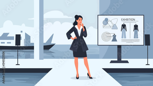 Businesswoman standing confidently on a runway presenting ideas.