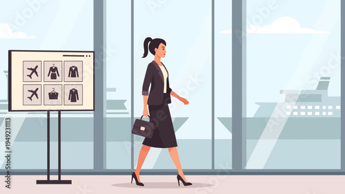 Businesswoman walking confidently in professional attire.
