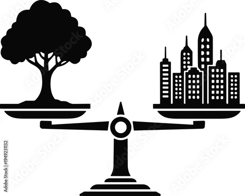 Balanced scale with tree and city buildings, nature versus urban development, sustainable growth, ecology conservation, environmental awareness, modern infrastructure harmony concept