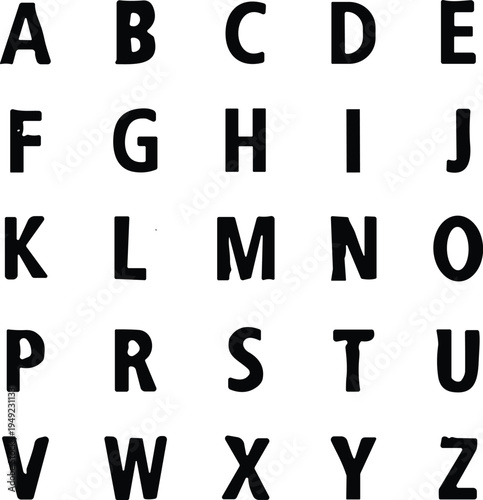 Alphabet letters grid illustration, uppercase bold font, educational design, typography art, learning resource, creative lettering, black and white concept