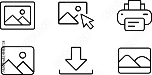 Set of graphic design icons representing images download and printing for digital use