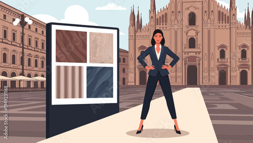 Confident businesswoman standing with hands on hips.