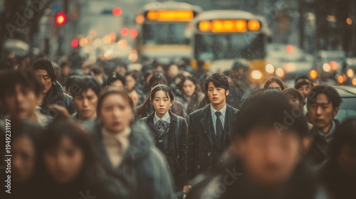 Crowd of people walking on busy city street during evening rush hour with buses and blurred traffic in background. Men and women in formal and casual clothing commuting home.