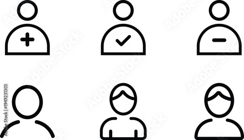 Set of six simple outline icons representing user profiles with various actions and details isolated on transparent background