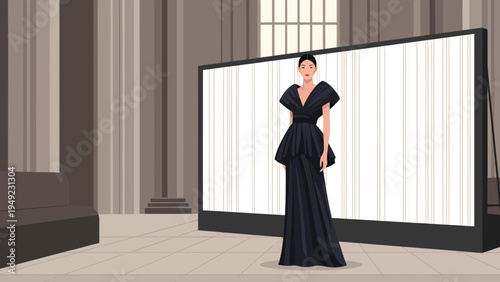 Elegant Woman in Black Gown Posing Gracefully.