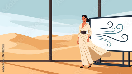 Elegant Woman in Flowing White Dress Standing Indoors.