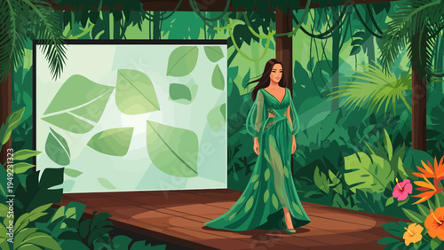 Elegant Woman in Flowing Green Gown on Fashion Runway.