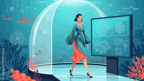 Elegant Woman in Futuristic Underwater Dome with Digital Display.