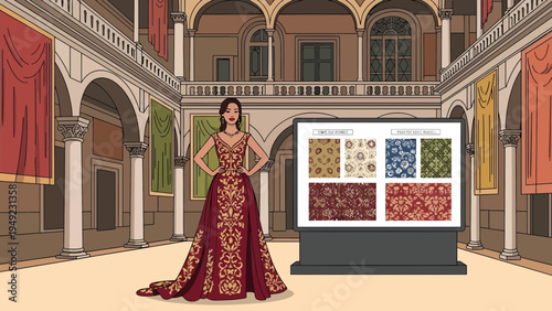 Elegant Woman in Ornate Dress Presents Textile Designs.
