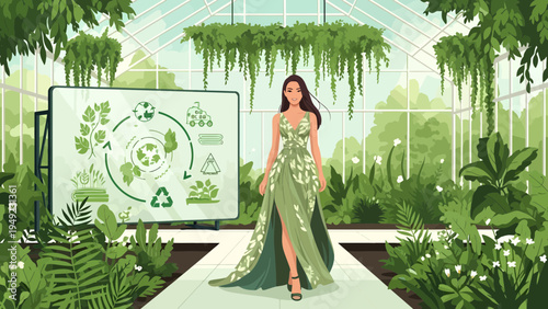 Elegant Woman in Sustainable Fashion on Catwalk.