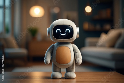 Wallpaper Mural A cute, friendly robot toy with a smiling digital face standing on a wooden floor in a home setting Torontodigital.ca