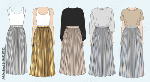 Fashionable pleated skirts and tops collection.