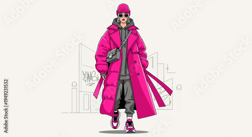 Fashionable Woman in Pink Winter Outfit Standing Confidently.
