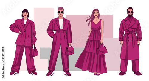 Four diverse models showcasing vibrant magenta fashion outfits.