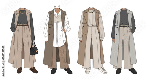 Four stylish womens outfits with long vests and wideleg pants.