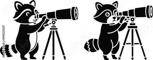 Cartoon raccoon silhouettes using telescopes, stargazing animals, astronomy illustration, wildlife icons for science, education, exploration, night sky observation, discovery