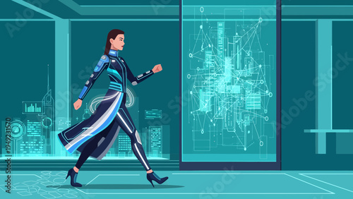 Futuristic Woman in Cyberpunk Attire Walking Confidently.