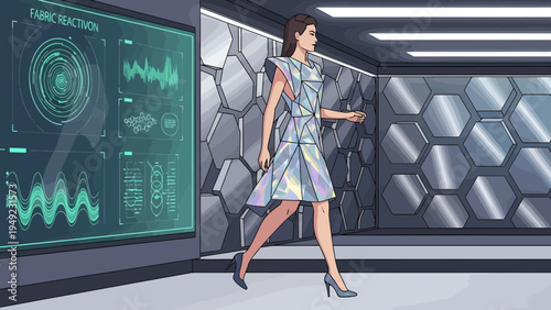 Futuristic Woman in Shiny Metallic Dress Walking Confidently.